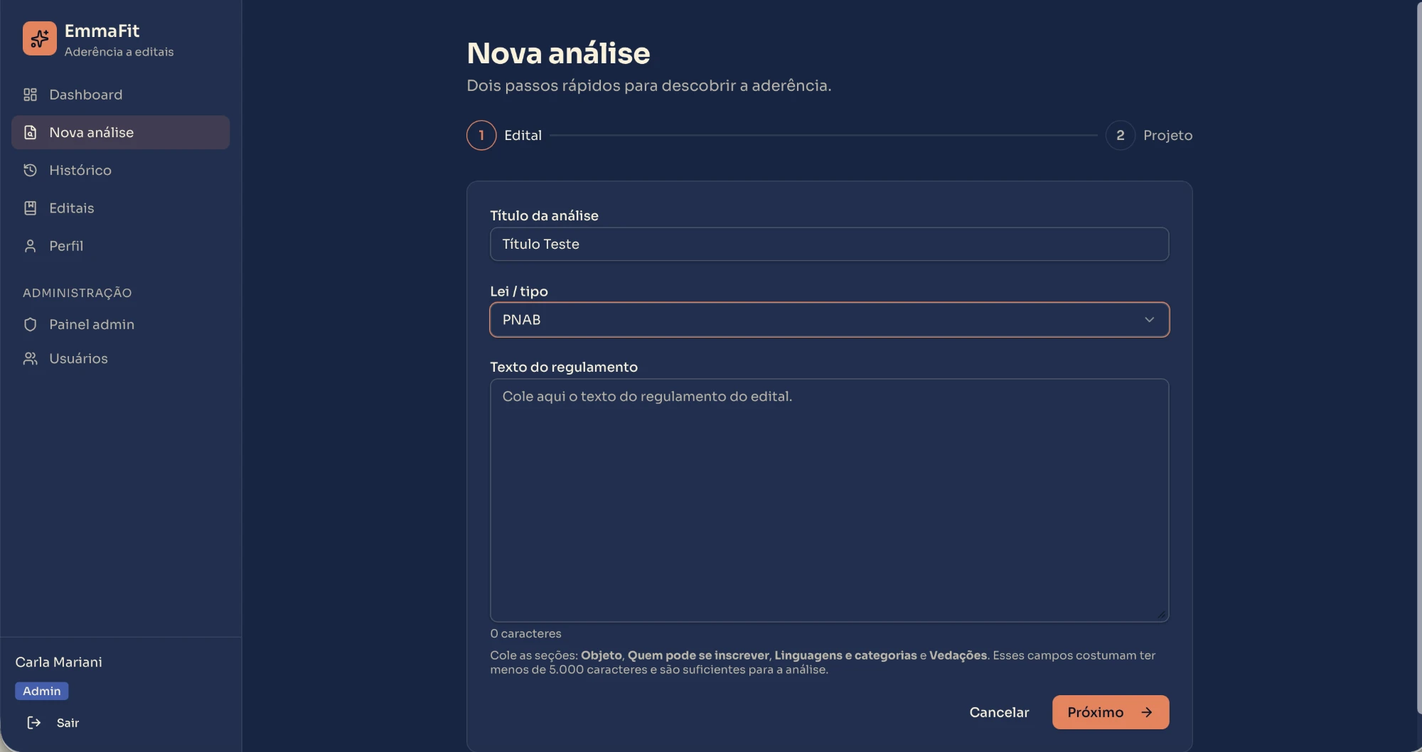 Tela de Nova Análise - EmmaFit