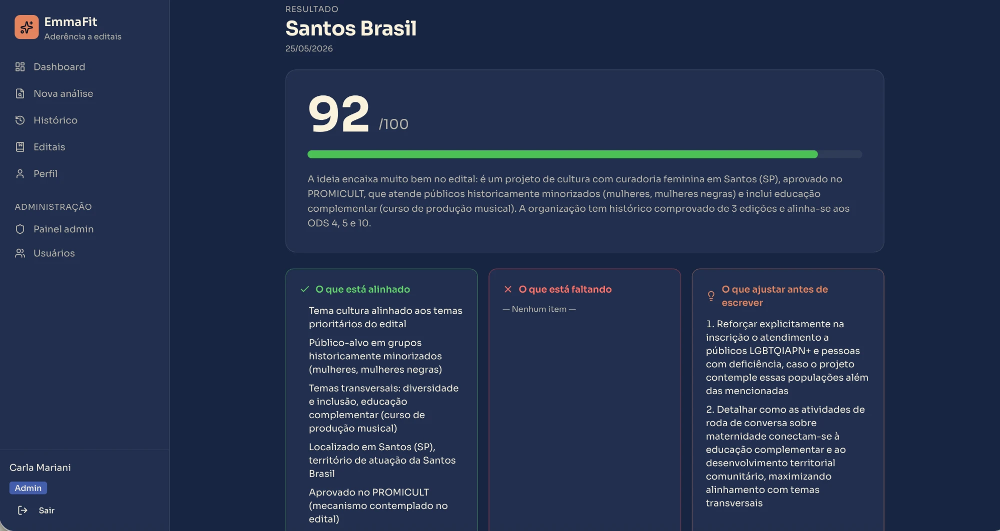 Resultado da análise - 92/100 com pontos alinhados e o que ajustar